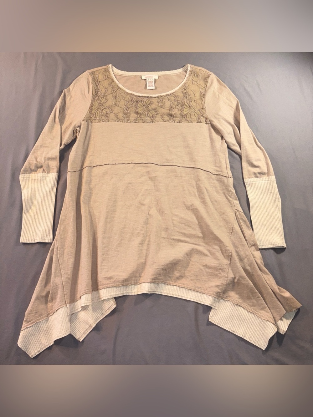 Sundance Knit Top Womens Sz M Beige Long Sleeve Cotton Boho Patchwork Lace Comfy